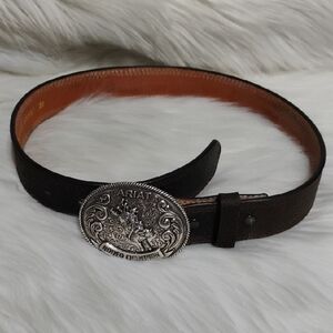 Ariat Dark Brown Leather Belt W Engraved Silver Rodeo Buckle (3RD OFFICE DRAWER)